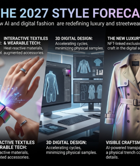 The 2027 style forecast highlights a transformative era in fashion, where artificial intelligence and digital innovations are fundamentally redefining luxury and streetwear trends. Instead of relying on traditional seasonal guesswork, brands are now utilizing AI-driven trend forecasting tools to analyze millions of real-time data points, such as viral social media engagement, search spikes, and influencer activity. This allows designers to predict consumer preferences with remarkable precision, rapidly adapting to emerging aesthetics, bold seasonal color palettes, and fabric demands before they even hit the mainstream market. In the realm of luxury streetwear, the focus is shifting away from simple logo-heavy designs toward utility, personal narrative, and emotional resonance. The 2027 forecast reveals a strong trend of high-low fashion, where premium luxury items are seamlessly paired with comfortable everyday streetwear to create balanced, expressive outfits. Furthermore, this space is being highly influenced by innovative wearable technology, incorporating elements like customized "cute tech" gear, stylish smart audio devices, and health-tracking wearables that function as personalized, highly fashionable accessories rather than purely practical gadgets. Digital fashion is no longer just an experimental concept, as digital-only collections and "Digital Twins" of physical garments are rapidly becoming an industry standard. By 2027, the use of advanced 3D apparel design software and physics-based simulations will allow consumers to experience AI-powered virtual try-ons, using augmented reality and computer vision to perfectly match sizing and fit without ever stepping into a store. This digital-first approach not only reduces production waste and physical prototyping costs, but it also allows customers to own digital garments for their virtual avatars, bridging the gap between physical wardrobes and digital ecosystems. Sustainability and intelligent fabric innovations are at the core of the 2027 fashion narrative, deeply influencing both the luxury and streetwear segments. Designers are heavily investing in eco-friendly fashion trends, utilizing regenerative textiles, plant-based alternatives, and digital product passports to ensure supply chain traceability and garment durability. Alongside environmental consciousness, we are seeing the rise of highly interactive textiles, including heat-reactive materials that dynamically change color based on temperature, and iridescent metallic finishes specifically optimized to look stunning in digital content and social media videos. Interestingly, as AI and digital tools saturate the fashion market, a powerful counter-trend known as the "Renaissance of Real" is simultaneously emerging within the luxury sector. Consumers are increasingly craving authenticity and physical connection, driving a demand for visible human craftsmanship, raw-edge tailoring, deliberate design imperfections, and intricate handiwork like beading and natural embellishments. This movement proves that while AI, algorithms, and digital tools are shaping the production and forecasting of 2027 fashion, the emotional value of the human touch, fluid silhouettes, and tangible artistry remains the ultimate marker of true modern luxury.