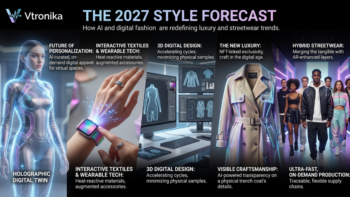 The 2027 style forecast highlights a transformative era in fashion, where artificial intelligence and digital innovations are fundamentally redefining luxury and streetwear trends. Instead of relying on traditional seasonal guesswork, brands are now utilizing AI-driven trend forecasting tools to analyze millions of real-time data points, such as viral social media engagement, search spikes, and influencer activity. This allows designers to predict consumer preferences with remarkable precision, rapidly adapting to emerging aesthetics, bold seasonal color palettes, and fabric demands before they even hit the mainstream market. In the realm of luxury streetwear, the focus is shifting away from simple logo-heavy designs toward utility, personal narrative, and emotional resonance. The 2027 forecast reveals a strong trend of high-low fashion, where premium luxury items are seamlessly paired with comfortable everyday streetwear to create balanced, expressive outfits. Furthermore, this space is being highly influenced by innovative wearable technology, incorporating elements like customized "cute tech" gear, stylish smart audio devices, and health-tracking wearables that function as personalized, highly fashionable accessories rather than purely practical gadgets. Digital fashion is no longer just an experimental concept, as digital-only collections and "Digital Twins" of physical garments are rapidly becoming an industry standard. By 2027, the use of advanced 3D apparel design software and physics-based simulations will allow consumers to experience AI-powered virtual try-ons, using augmented reality and computer vision to perfectly match sizing and fit without ever stepping into a store. This digital-first approach not only reduces production waste and physical prototyping costs, but it also allows customers to own digital garments for their virtual avatars, bridging the gap between physical wardrobes and digital ecosystems. Sustainability and intelligent fabric innovations are at the core of the 2027 fashion narrative, deeply influencing both the luxury and streetwear segments. Designers are heavily investing in eco-friendly fashion trends, utilizing regenerative textiles, plant-based alternatives, and digital product passports to ensure supply chain traceability and garment durability. Alongside environmental consciousness, we are seeing the rise of highly interactive textiles, including heat-reactive materials that dynamically change color based on temperature, and iridescent metallic finishes specifically optimized to look stunning in digital content and social media videos. Interestingly, as AI and digital tools saturate the fashion market, a powerful counter-trend known as the "Renaissance of Real" is simultaneously emerging within the luxury sector. Consumers are increasingly craving authenticity and physical connection, driving a demand for visible human craftsmanship, raw-edge tailoring, deliberate design imperfections, and intricate handiwork like beading and natural embellishments. This movement proves that while AI, algorithms, and digital tools are shaping the production and forecasting of 2027 fashion, the emotional value of the human touch, fluid silhouettes, and tangible artistry remains the ultimate marker of true modern luxury.