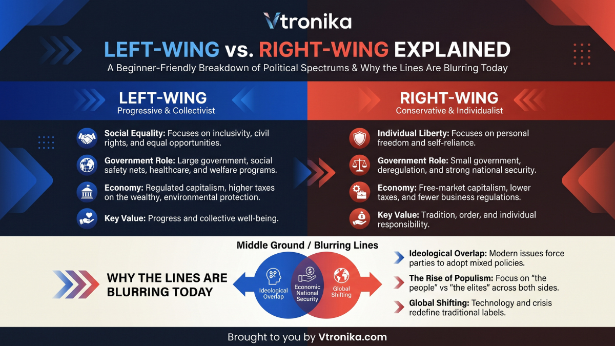 Historical Origins: The Seating Arrangement That Defined Modern PoliticsThe terms "left-wing" and "right-wing" originated during the French Revolution of 1789, where a literal seating arrangement in the National Assembly permanently shaped the global political lexicon. Members who supported the hereditary monarchy, the established social order, and the authority of the Catholic Church chose to sit on the presiding officer's right, representing continuity, hierarchy, and tradition. In contrast, revolutionary delegates who advocated for the abolition of feudal privileges, individual civil liberties, and popular democracy sat on the left, demanding systemic reform and egalitarian power distribution. This physical division established a durable mental shorthand: the political Right became associated with order, preservation, and tradition, while the political Left became synonymous with social reform, structural equality, and institutional change.Core Ideological Pillars: Equality vs. Order and EnterpriseThe fundamental philosophical divide between Left and Right rests on how each views human equality, economic distribution, and the appropriate scope of state power:The Left (Egalitarianism & Social Solidarity): Focuses on minimizing systemic disparities through collective responsibility. Left-leaning policies prioritize accessible public healthcare, universal education, progressive taxation, worker protections, and strong social safety nets, asserting that unregulated markets inevitably consolidate wealth and leave vulnerable populations behind.The Right (Individualism, Tradition & Free Enterprise): Emphasizes personal autonomy, private property rights, and traditional social institutions. Right-leaning policies favor deregulation, lower taxation, market competition, national sovereignty, and limited government intervention, arguing that economic prosperity thrives when individuals and private businesses are free to innovate and compete without state control.From a 1D Line to a 2D Map: The Political CompassA single horizontal axis fails to capture the complexity of modern political beliefs, often conflating economic policy with social and civic governance. To resolve this limitation, political analysts developed the two-dimensional Political Compass, which splits political identity into two separate axes:Horizontal Axis (Economic Model): Evaluates how resources should be distributed, ranging from left-wing collective ownership and state redistribution to right-wing free-market capitalism and laissez-faire deregulation.Vertical Axis (Social Governance): Measures the degree of state authority over individual life, ranging from top-quadrant Authoritarianism (strict state enforcement, deference to authority, and social conformity) to bottom-quadrant Libertarianism (maximum personal liberty, civil rights, and minimal government intrusion).This multidimensional map explains how individuals can hold seemingly contrasting positions—such as advocating for strict economic regulations alongside total individual social freedom (Libertarian Left), or supporting free-market capitalism while demanding rigorous state enforcement of traditional social norms (Authoritarian Right).Why the Lines Are Blurring TodayIn the 21st century, shifting global realities, geopolitical competition, and digital disruption have disrupted conventional party alignments:Rise of Working-Class Right-Wing Populism: Traditionally, the industrial working class formed the bedrock of left-wing parties. Today, many right-wing populist movements champion economic protectionism, domestic tariffs, and state-backed manufacturing subsidies—measures historically associated with the economic Left—to appeal directly to working-class communities displaced by globalized trade.The Neoliberal & Progressive Shift: Many mainstream center-left parties have aligned with global corporate trade frameworks and tech conglomerates, while culturally conservative voters increasingly distrust major multinational corporations for adopting progressive social branding.New Cross-Cutting Crises: Contemporary challenges—such as artificial intelligence governance, data surveillance, global pandemics, and green energy transitions—rarely fit into 18th-century ideological buckets. Coalitions increasingly assemble based on trust in institutional authority versus anti-establishment skepticism, blurring the traditional divide between Left and Right into a battle between centralized technocracy and decentralized populism.